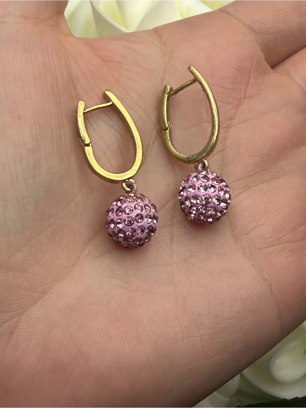 Gold Hoop Drop Earrings with Pink Crystal Ball Charms